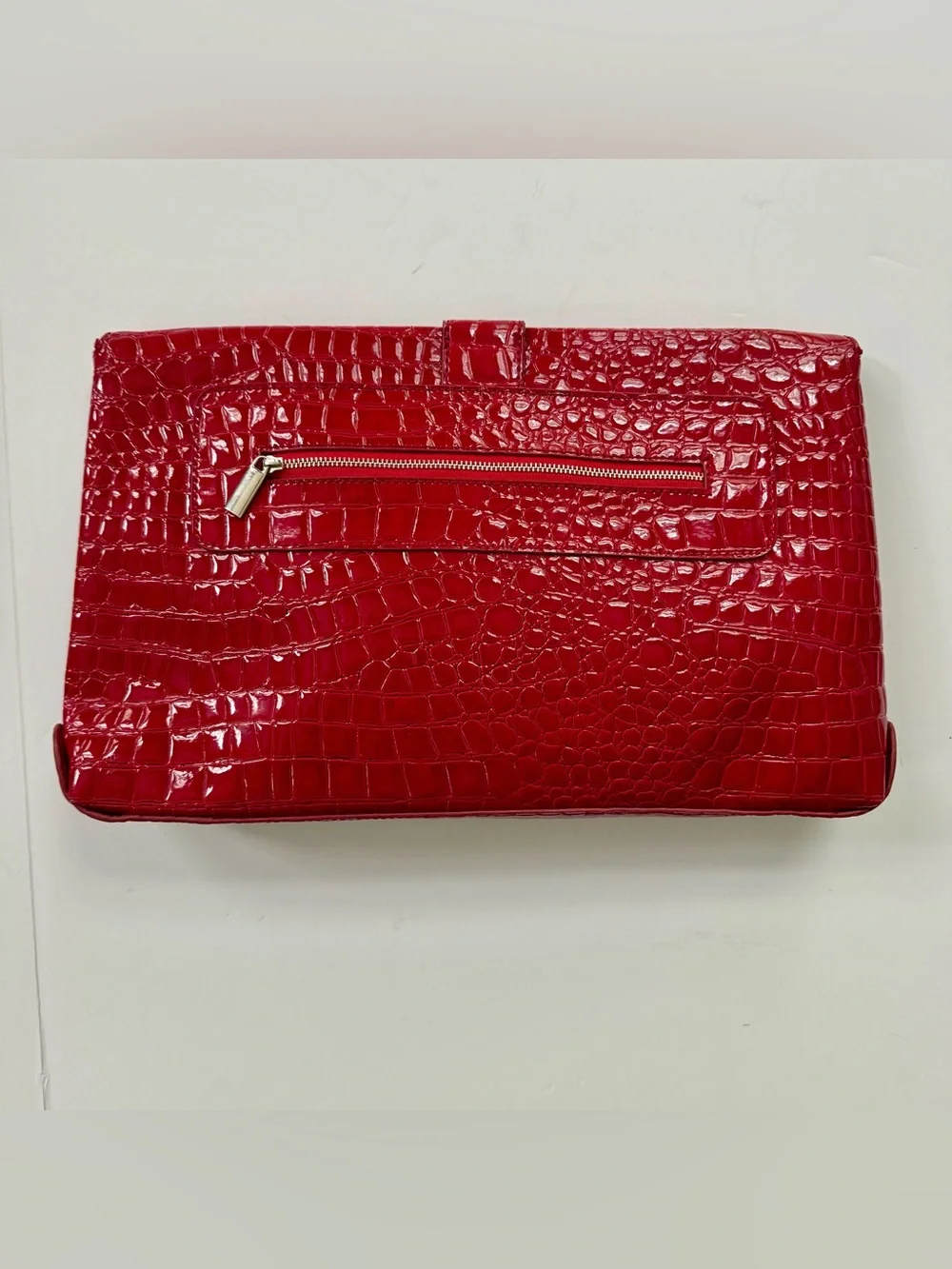 White House Black Market Red Croc-Embossed Clutch with Silver Buckle Accent - Picture 2 of 6